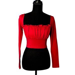 Princess Polly Womens Red Tilly Long Sleeve Crop Top Sz 2 Peasant Milkmaid NWT